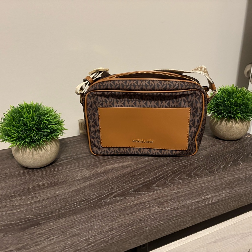 Michael Kors Dark Brown and Tan Crossbody Bag